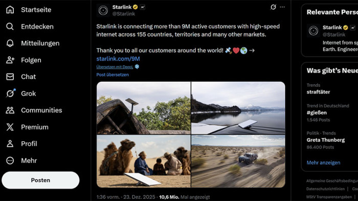 Starlink vermeldete auf X, die Marke von weltweit neun Millionen Kunden überschritten zu haben. (Bild: X/Screenshot: Nils Matthiesen/Golem)